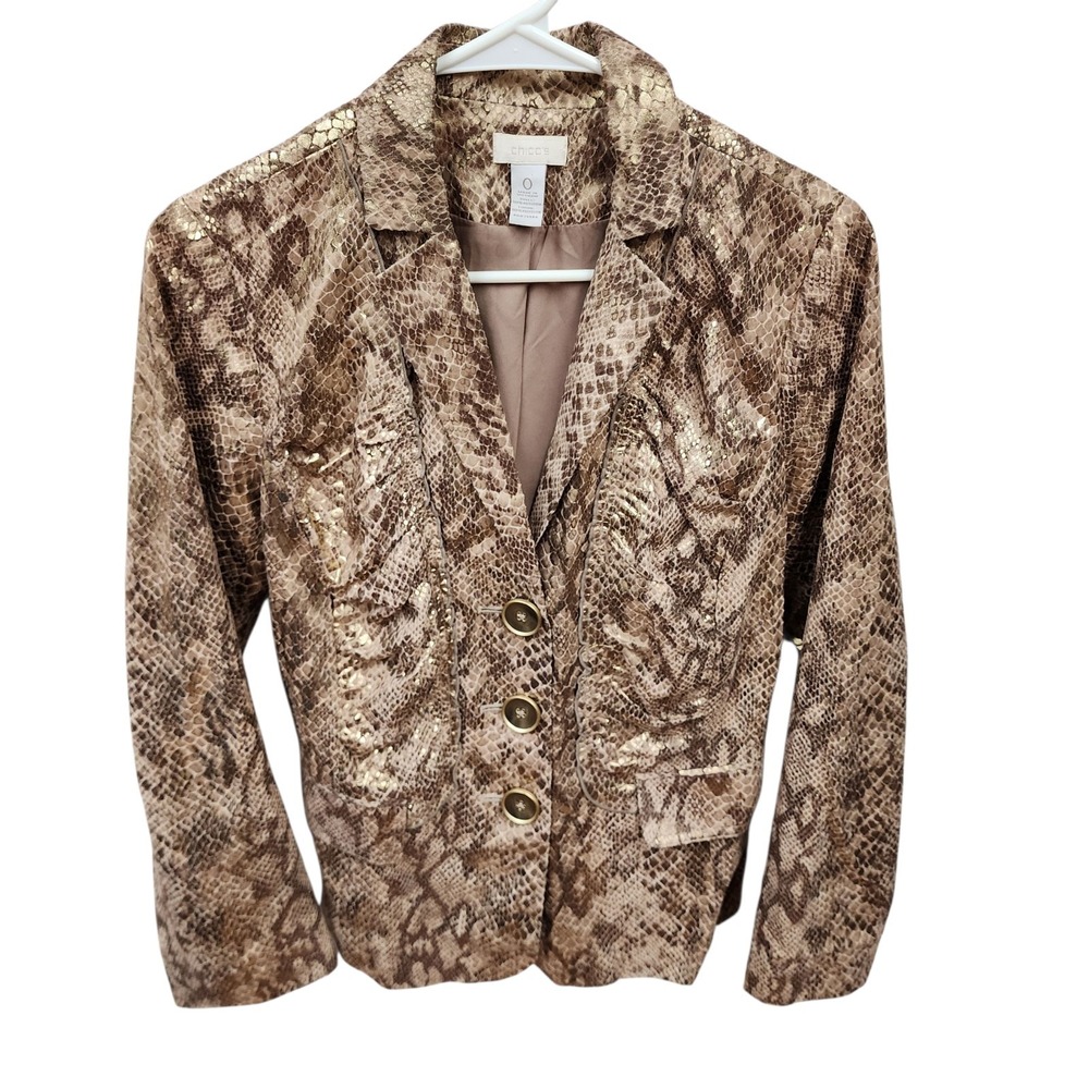 Chicos Snakeskin Pattern Long Sleeve Blazer Gold Foil Layla Women's Size S